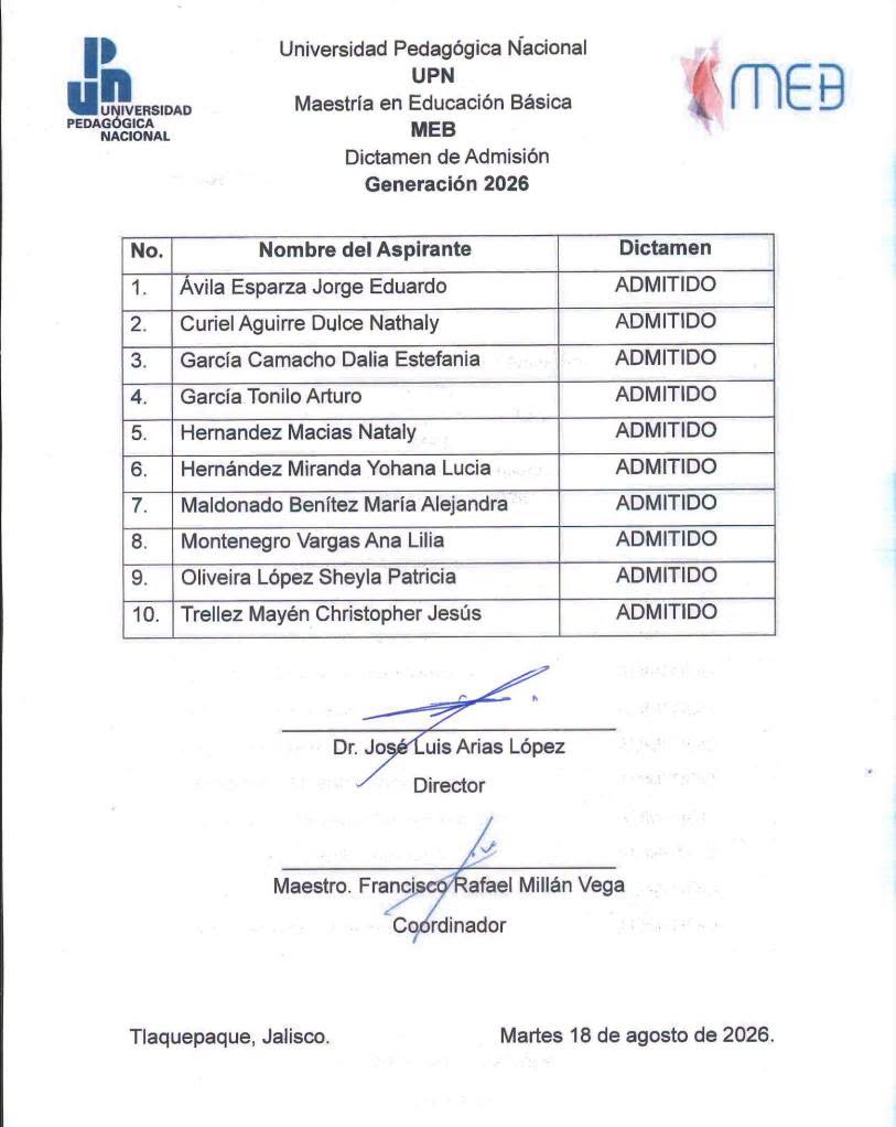 LISTA DE ADMISIÓN NUEVO INGRESO, MAESTRÍA EN EDUCACIÓN BÁSICA (MEB)